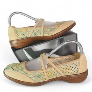 Rieker Leather Perforated Mary Jane Comfort Shoes Tan / Blue Women's 8/39